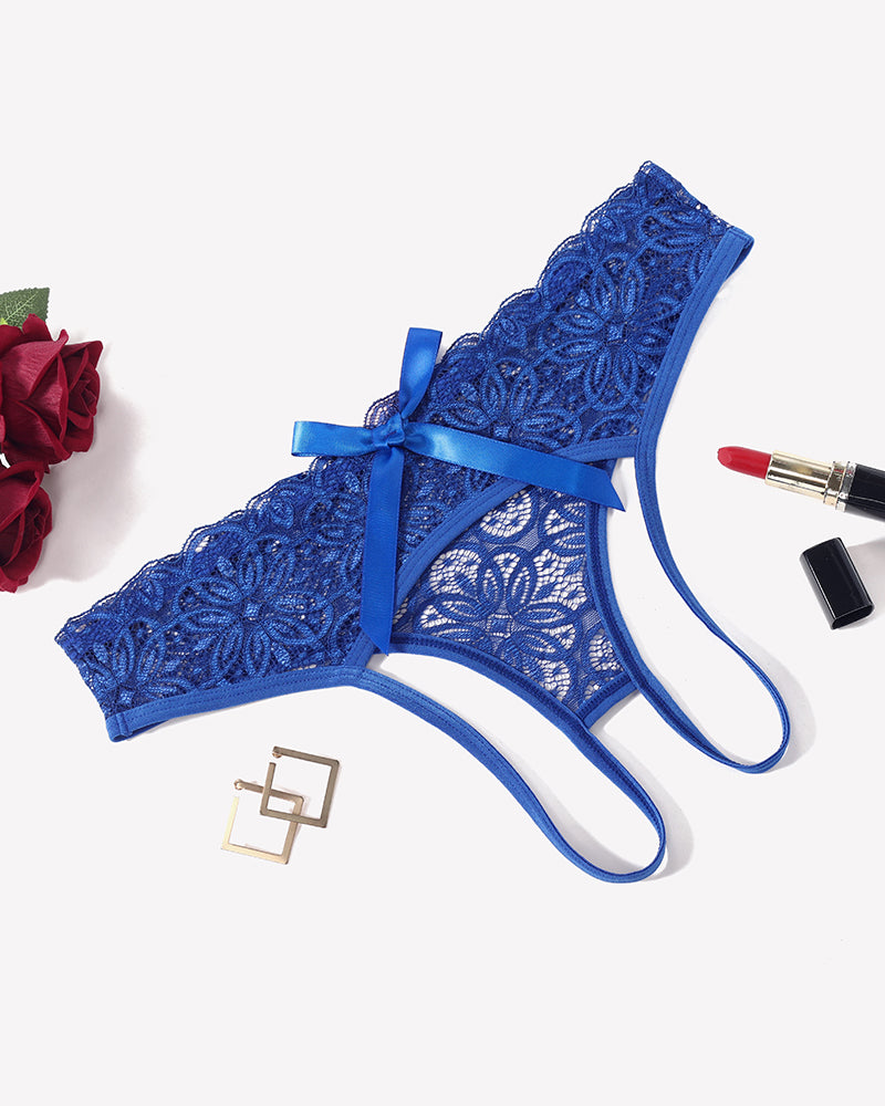 Royal blue lace hollow-out brief with rear bow and scalloped edges