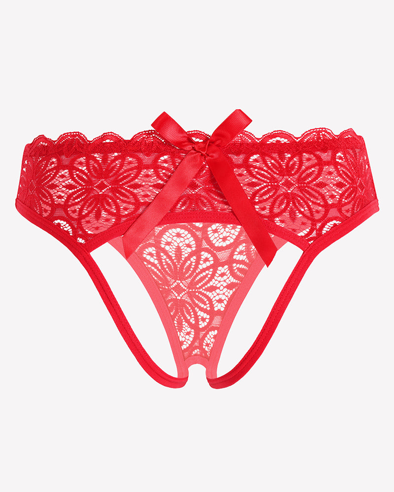 Red lace hollow-out brief with wide bow at back and scalloped edges
