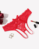 Red lace hollow-out brief with rear bowknot ribbon and scalloped lace