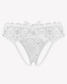 White lace briefs with bow at back, openwork panels, scalloped edges.