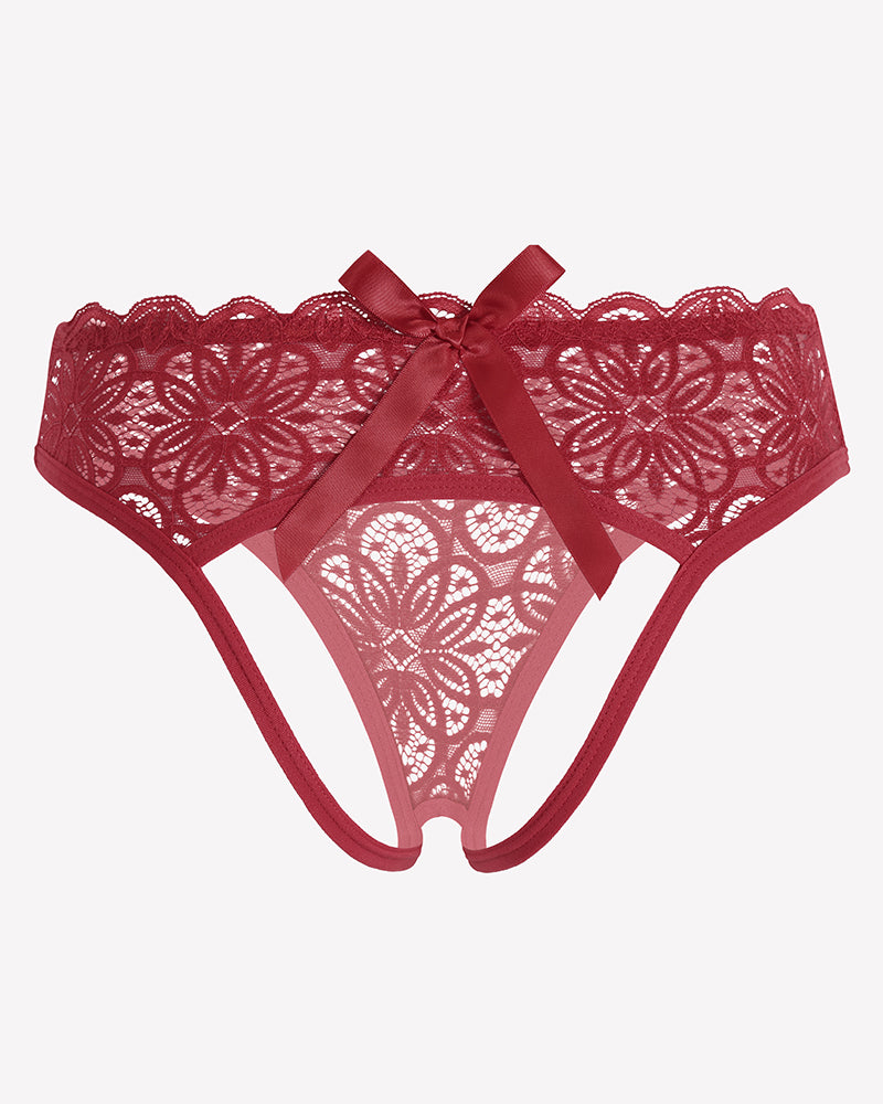 Red lace hollow-out brief with rear bowknot and scalloped lace trim