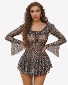 Leopard print off-shoulder ruffle dress with tie-front bodice and flared skirt