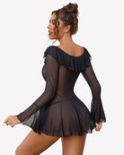 Back view black off-shoulder ruffle dress with flared hem and sheer long sleeves