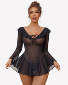 Black off-shoulder ruffle dress with long sleeves and layered flared skirt