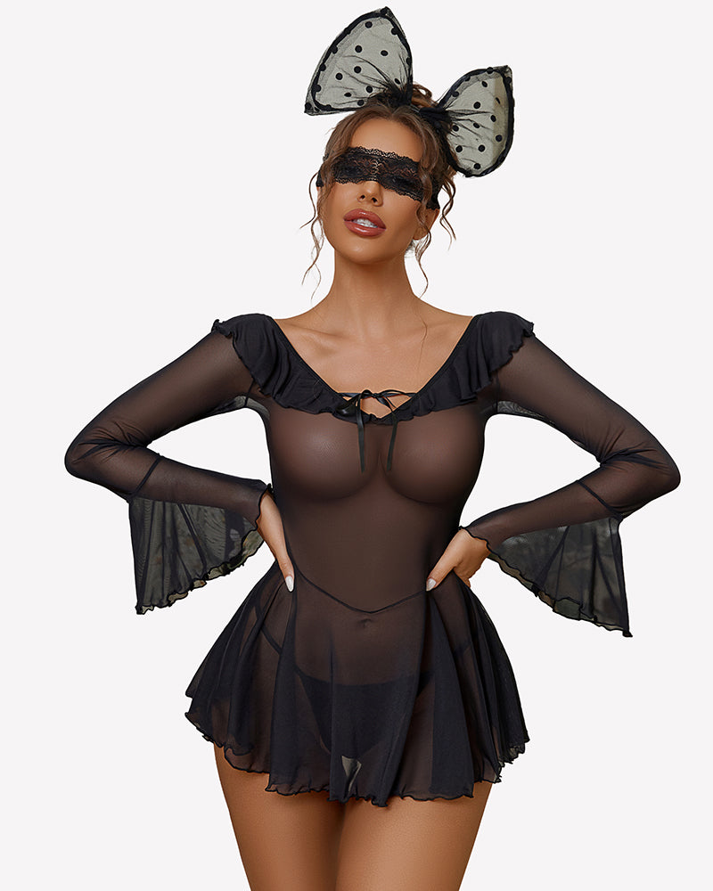 Black off-shoulder ruffle dress with sheer long sleeves and tie-front bodice