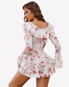White floral back view off-shoulder ruffle mini dress with long bell sleeves