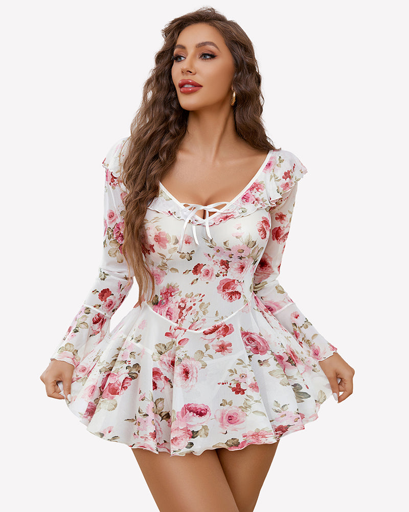 White floral off-shoulder ruffle mini dress with long sleeves and tied neckline