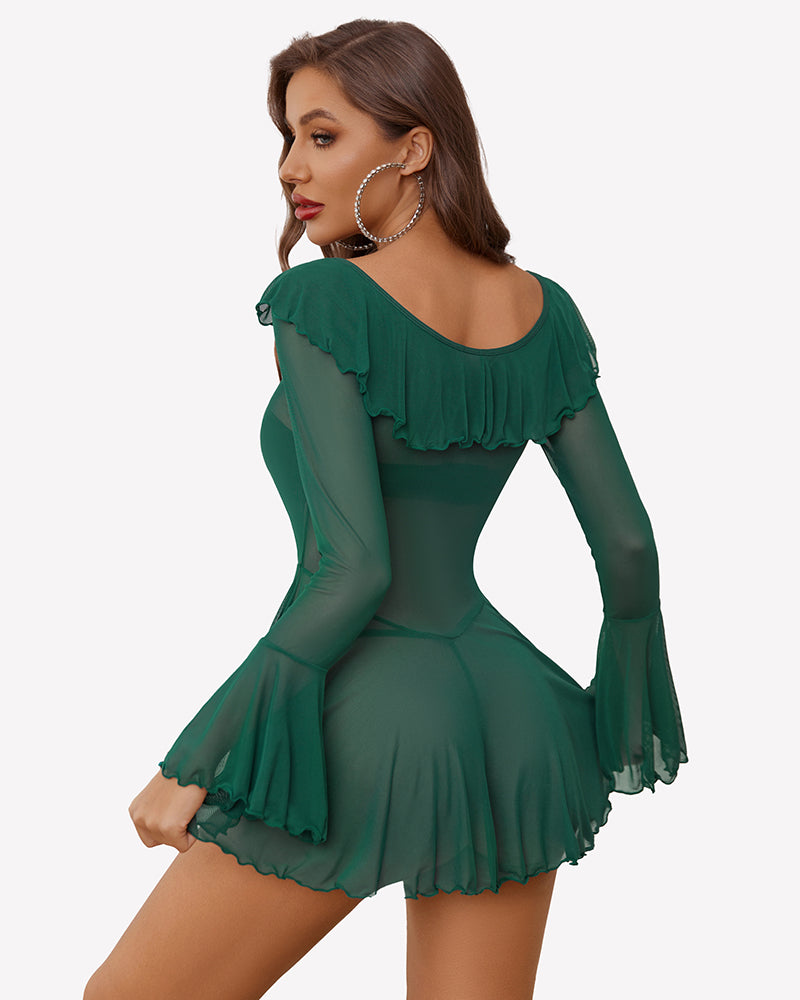 Back view green off-shoulder ruffle dress with flared skirt and long sheer sleeves