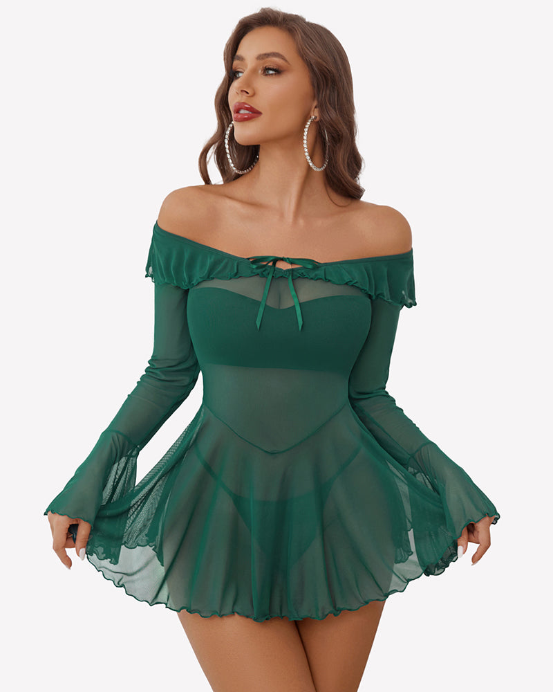 Green off-shoulder ruffle dress with off-shoulder sleeves and short flared skirt