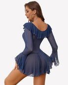 Navy back view off-shoulder ruffle mini dress with long sheer sleeves