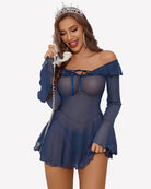 Navy off-shoulder ruffle mini dress with long sheer sleeves and tied neckline