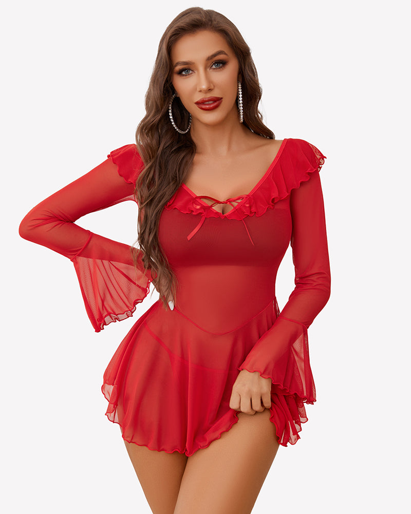 Red off-shoulder ruffle mini dress with long sheer sleeves and tied neckline