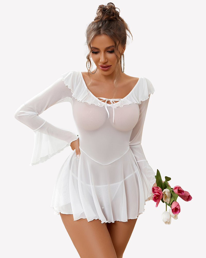 White off-shoulder ruffle mini dress with long sleeves and lace-up neckline