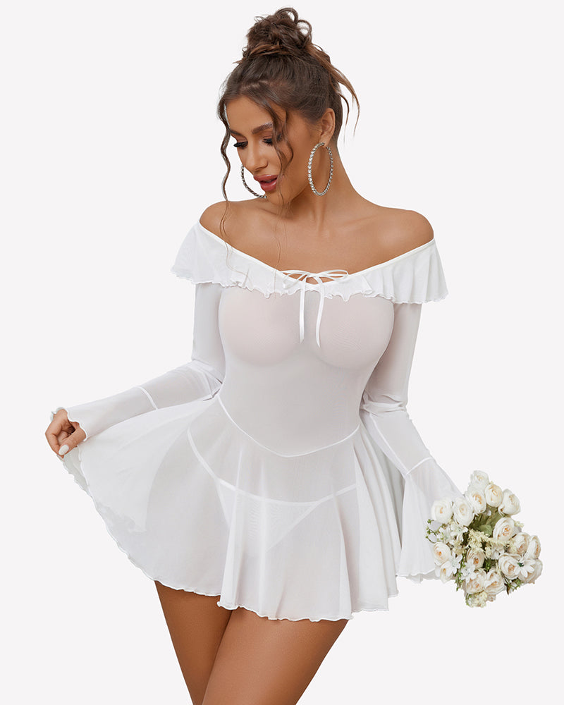White off-shoulder ruffle mini dress with long sleeves and lace-up neckline