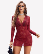Wine red lace long-sleeve lingerie dress with deep V neckline and lace hem
