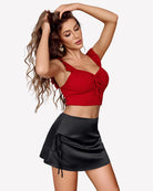 Black satin A-line mini skirt with elastic waist and ruched side drawstring ties