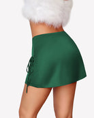 Green satin A-line mini skirt with elastic waistband and side drawstring ties