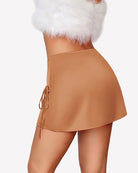 Light brown satin A-line mini skirt with elastic waistband and side drawstring ties