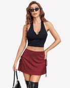 Wine red satin A-line mini skirt with side drawstring ruching
