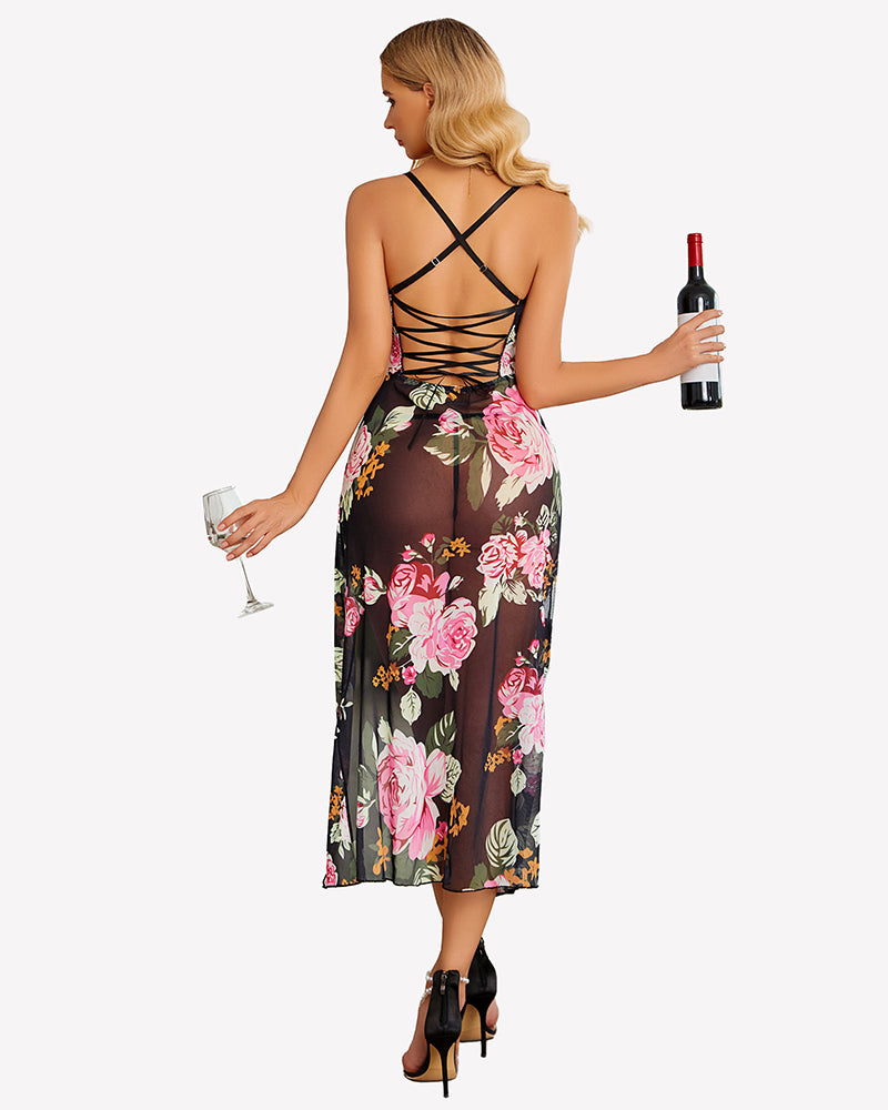 Floral mesh side-split nightgown with crisscross open back straps, black with pink roses