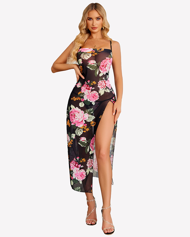 Floral mesh side-split nightgown with strapless neckline, black base with pink and green roses