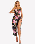 Floral mesh side-split nightgown with strapless neckline, black base with pink and green roses