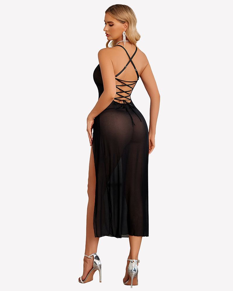 Black mesh side-split nightgown with crisscross back straps and spaghetti straps