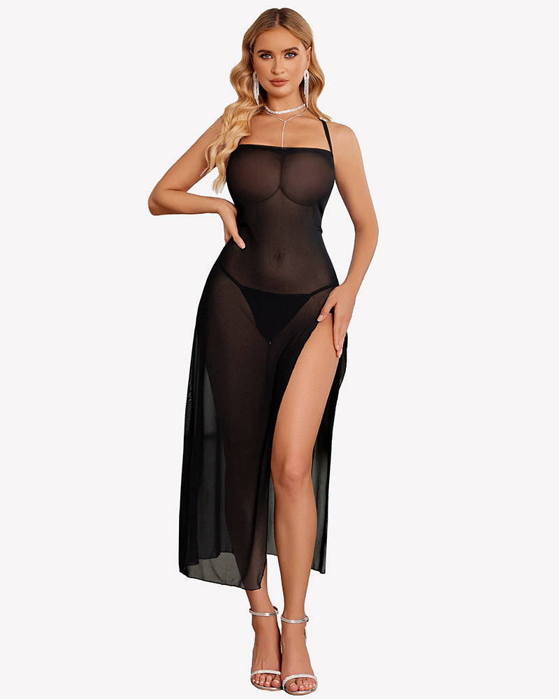 Mesh side-split nightgown with sweetheart neckline, black, high front slit