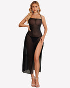 Mesh side-split nightgown with sweetheart neckline, black, high front slit