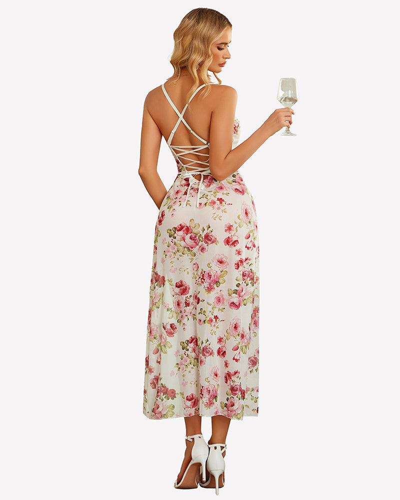 Back view of floral mesh side-split nightgown with crisscross straps and long skirt slit