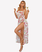 Floral mesh side-split nightgown with sweetheart neckline, light background and pink-red roses