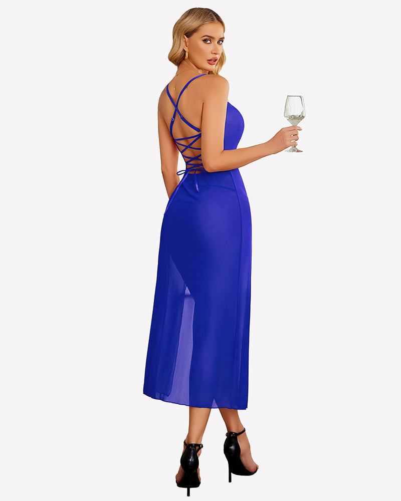 Back view of royal blue mesh side-split nightgown with crisscross open-back straps
