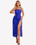 Royal blue mesh side-split nightgown with sweetheart neckline and high front slit