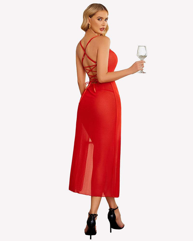 Red mesh side-split nightgown with crisscross back straps and square neckline