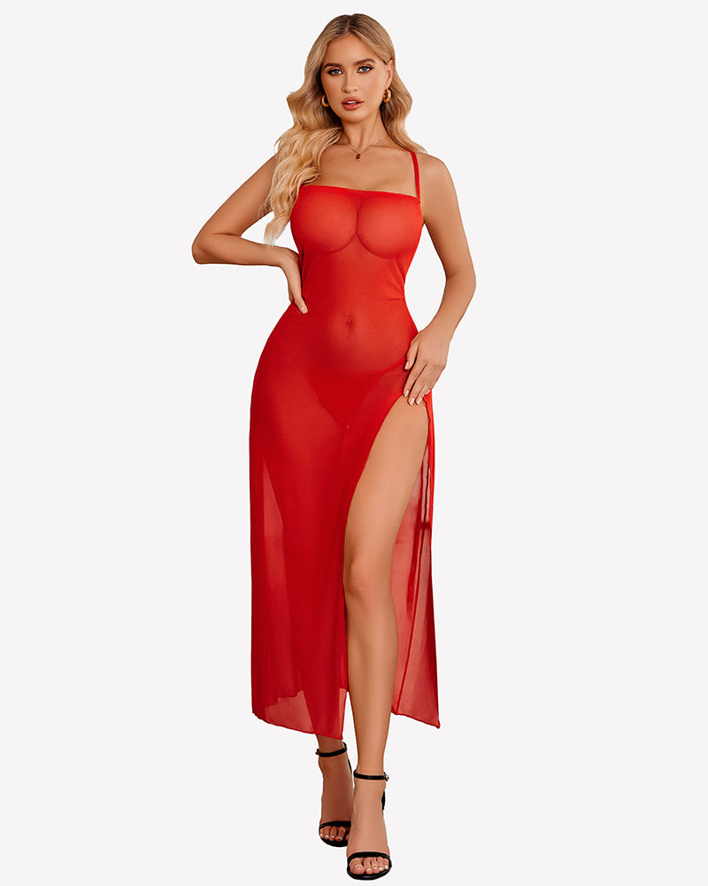 Red mesh side-split nightgown with square neckline and thin shoulder straps