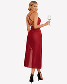 Red mesh side-split nightgown with crisscross back straps and front thigh slit