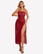 Red mesh side-split nightgown with square neckline and front thigh slit