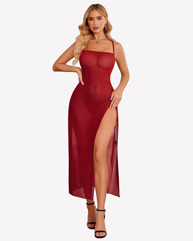 Red mesh side-split nightgown with square neckline and front thigh slit
