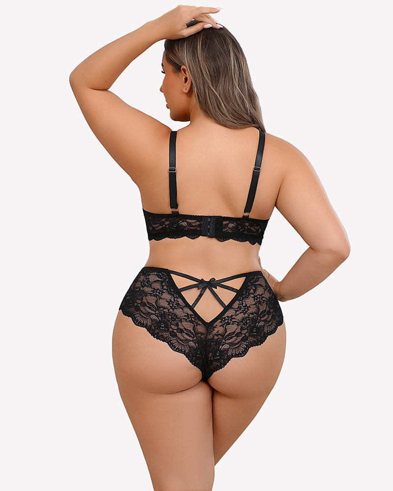 Plus size lace bra and high-rise panties set, black lace with strappy back detailing