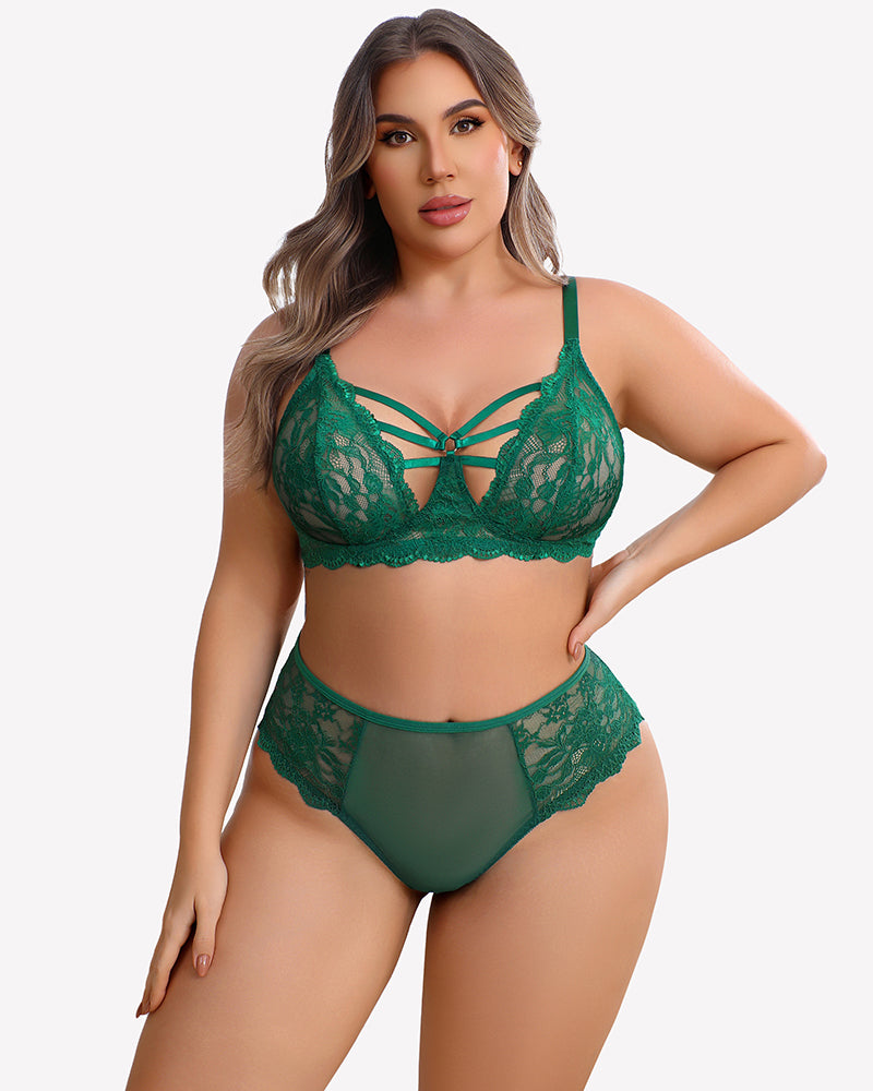 Plus size lace bra and high-rise panties set, dark green with crisscross front straps