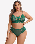 Plus size lace bra and high-rise panties set, dark green with crisscross front straps