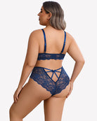 Plus size lace bra and high-rise panties set, navy blue with strappy back and lace