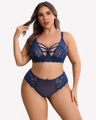 Plus size lace bra and high-rise panties set, navy blue with lace and crisscross straps