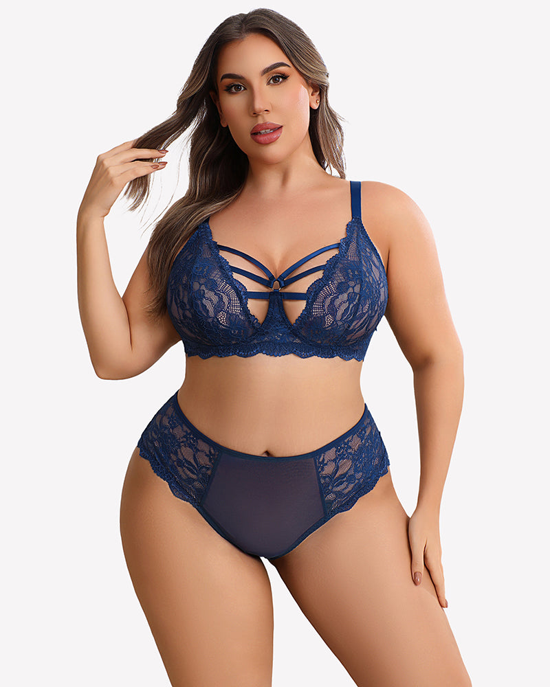 Plus size lace bra and high-rise panties set, navy blue with lace and crisscross straps