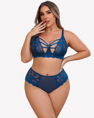 Plus size lace bra and high-rise panties set, royal blue lace with crisscross front straps