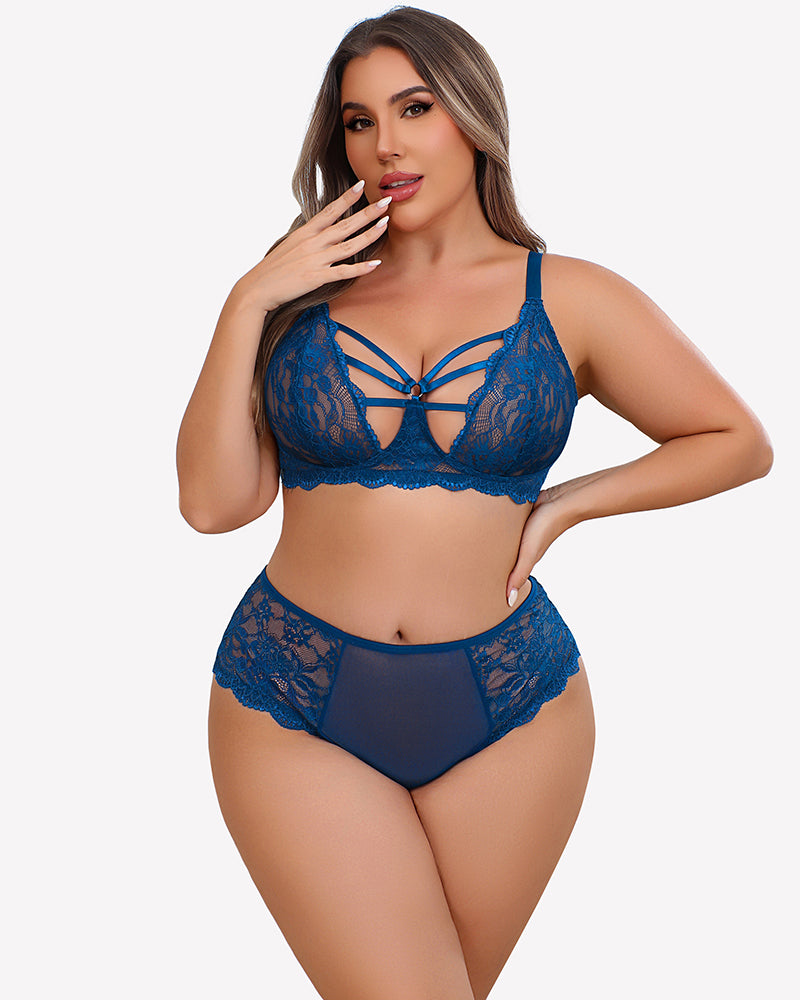 Plus size lace bra and high-rise panties set, royal blue lace with crisscross front straps