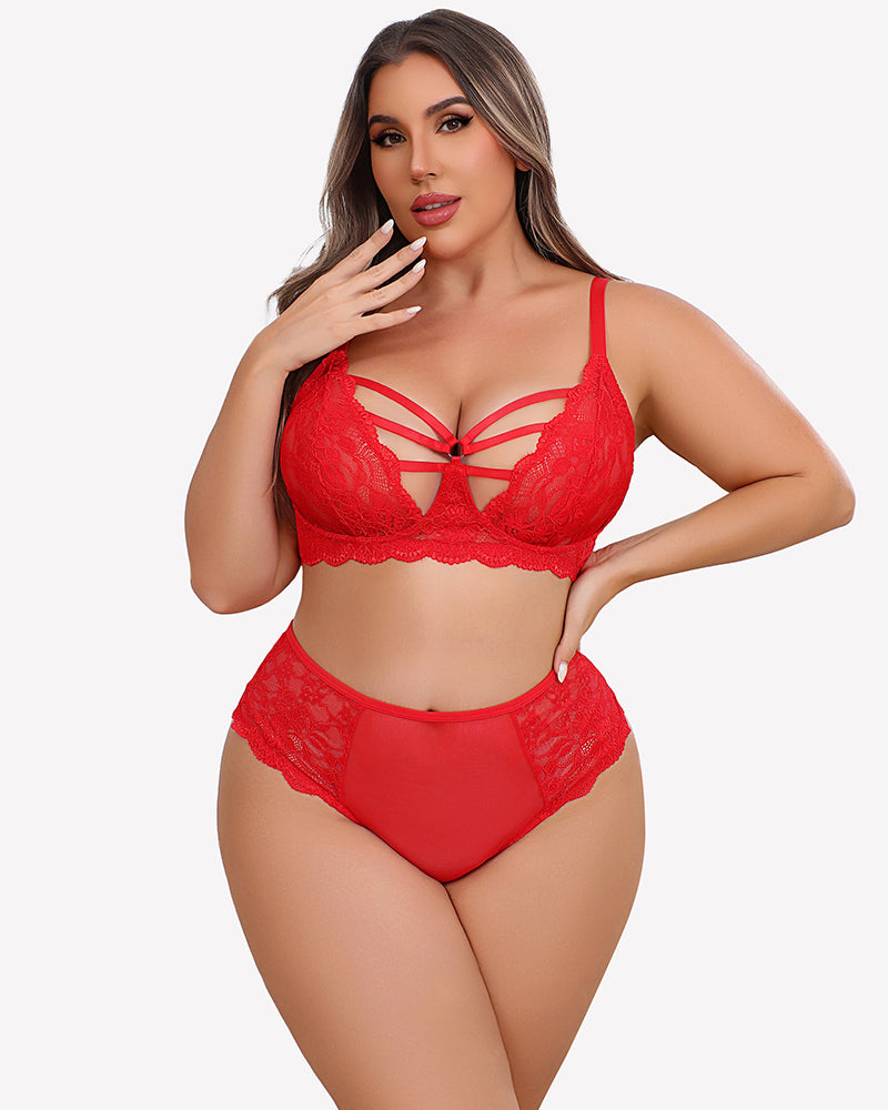 Plus size lace bra and high-rise panties set, carmine red with lace cutout front straps