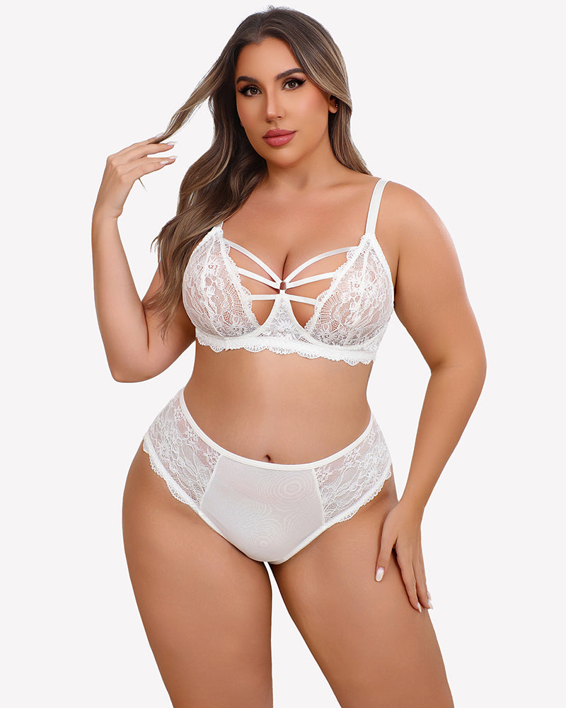 Lace bra and panty set, white with strappy cutout front and matching high-rise briefs