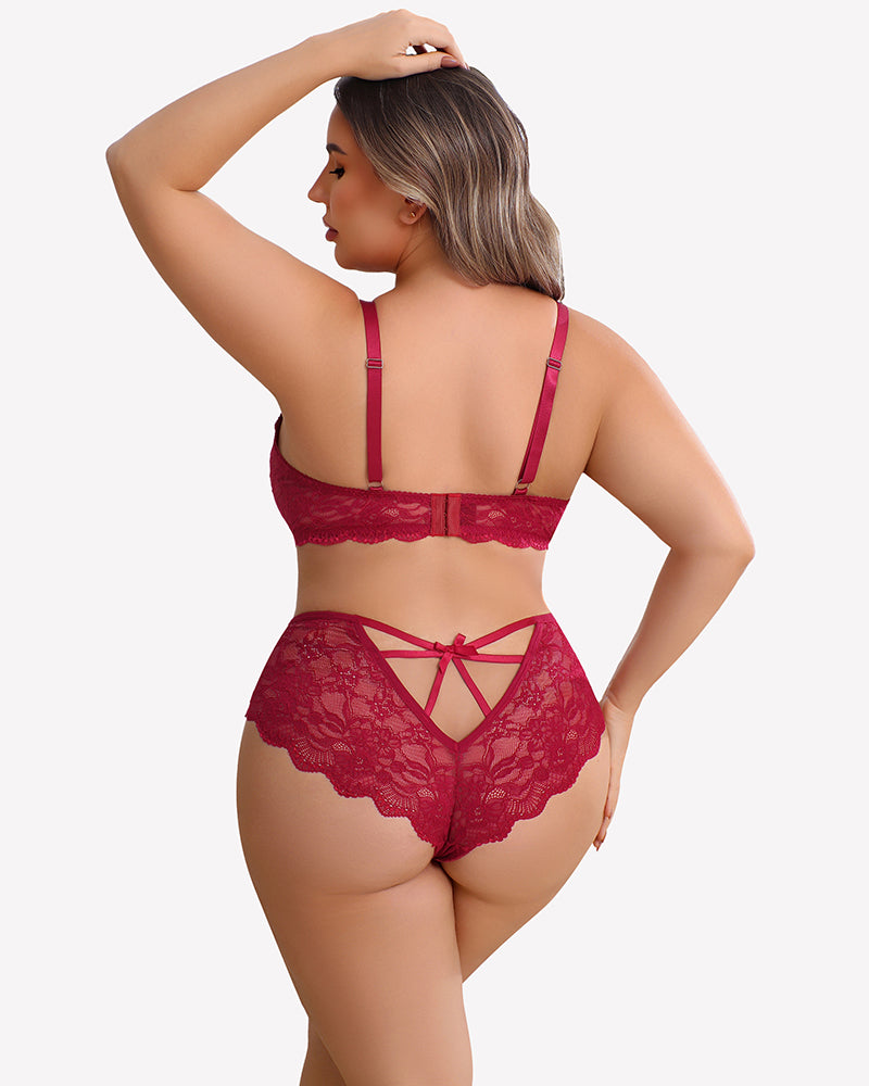 Lace bra and panty set, burgundy back view with lace harness straps and high-rise briefs