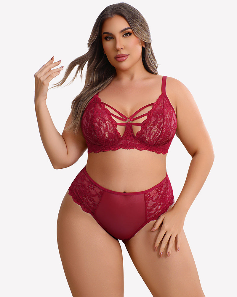 Lace bra and panty set, burgundy with lace cups, strappy cutout front and matching briefs